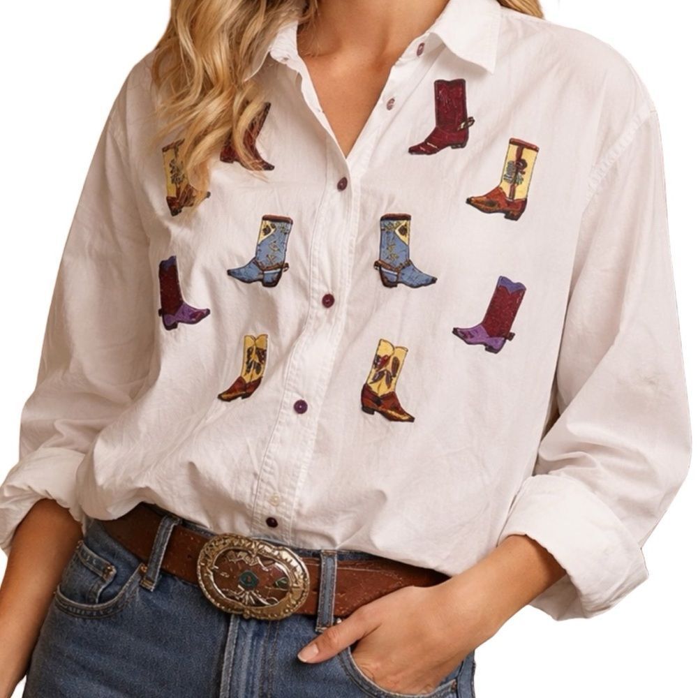 COWGIRL Fun Vintage At Last Brand Button Front White Embroidered Shirt Sz Large